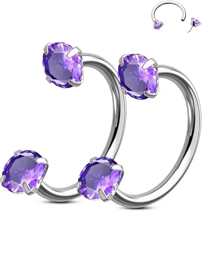 Surgical steel horseshoe nose ring with purple crystals at both ends