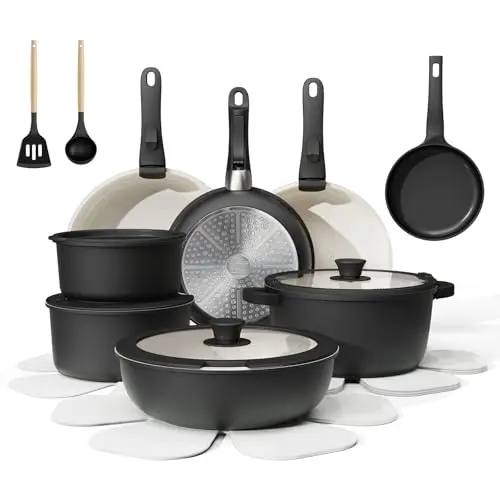 Bazova black and white ceramic cookware set with removable handles