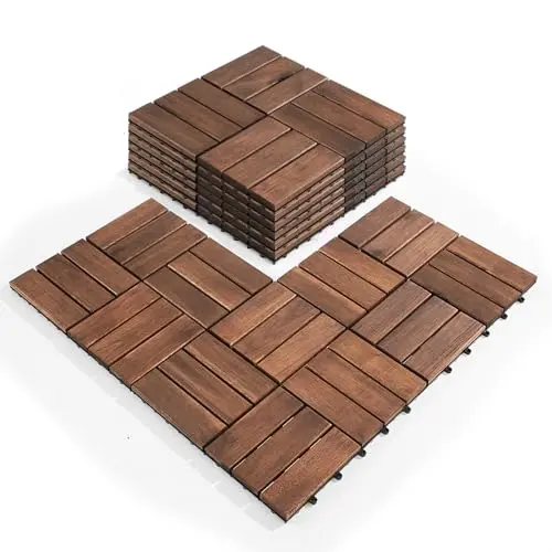 AN68 acacia wood interlocking deck tiles in dark brown showing slatted design