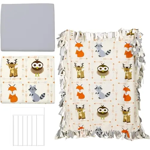 Hahafelt DIY tie blanket kit with forest animal print and solid gray fleece