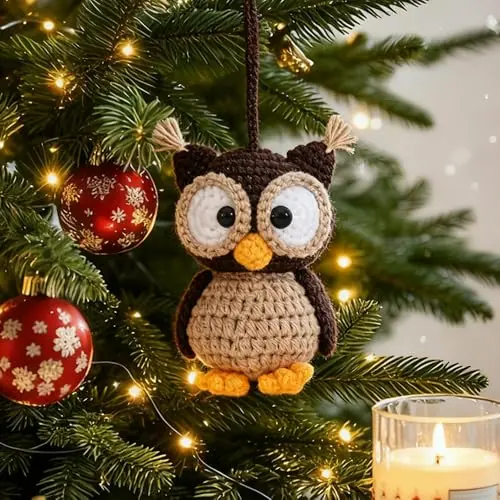 Handmade crochet owl ornament for Christmas trees or car decor