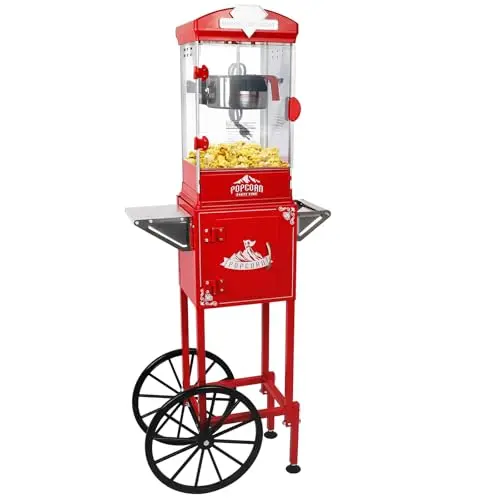 Nyddle popcorn machine with cart and wheels in red